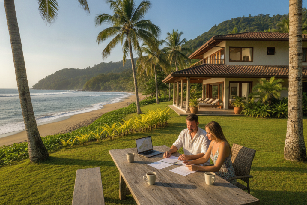 A picturesque Costa Rican landscape depicting a stunning beachfront property, surrounded by lush green palm trees and vibrant tropical plants. In the foreground, a couple in casual, modest clothing examines property documents while seated at a rustic wooden table with a laptop and coffee. In the middle, a bright, inviting house with a spacious terrace overlooks the ocean, with waves gently crashing against the shore. The background features rolling hills covered in dense jungle, under a clear blue sky. Natural light bathes the scene, creating a warm and optimistic atmosphere, ideal for showcasing the allure of investor residency in Costa Rica. The composition captures a harmonious blend of nature and modern living, emphasizing the opportunities available in this tropical paradise.