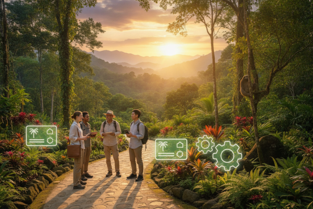 A picturesque Costa Rican landscape during the golden hour, featuring a tranquil pathway that symbolizes various pathways for permanent residency and work flexibility. In the foreground, a diverse group of individuals casually dressed in comfortable attire is discussing options, with visual icons of residency permits and work opportunities subtly integrated into the surroundings. In the middle ground, lush greenery and exotic flora represent the thriving environment and welcoming nature of Costa Rica. The background showcases a vibrant sunset over rolling hills and distant mountains, creating a warm and inviting atmosphere. Soft, natural light illuminates the scene, and a wide-angle view captures the expansive beauty of the locale, evoking a sense of adventure and opportunity.