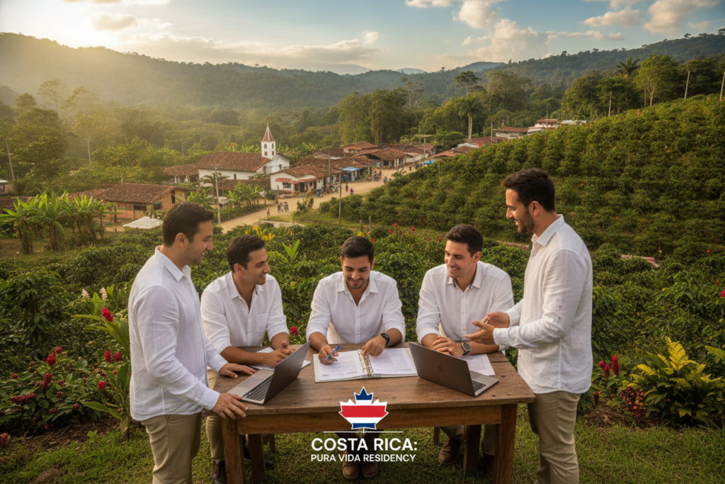 A picturesque scene capturing the essence of Costa Rica as a destination for Canadians seeking residency. In the foreground, a diverse group of casually dressed individuals engage in a discussion over documents, symbolizing the legal process for residency. In the middle ground, a vibrant green landscape with tropical plants, coffee bushes, and a glimpse of a quaint local town shows a welcoming atmosphere. The background features rolling hills and a blue sky with soft, natural lighting, creating an inviting mood. The scene should convey a sense of community and adventure, emphasizing the beauty of Costa Rica while reflecting a professional yet relaxed environment suitable for informative purposes. A picturesque scene capturing the essence of Costa Rica as a destination for Canadians seeking residency. In the foreground, a diverse group of casually dressed individuals engage in a discussion over documents, symbolizing the legal process for residency. In the middle ground, a vibrant green landscape with tropical plants, coffee bushes, and a glimpse of a quaint local town shows a welcoming atmosphere. The background features rolling hills and a blue sky with soft, natural lighting, creating an inviting mood. The scene should convey a sense of community and adventure, emphasizing the beauty of Costa Rica while reflecting a professional yet relaxed environment suitable for informative purposes.