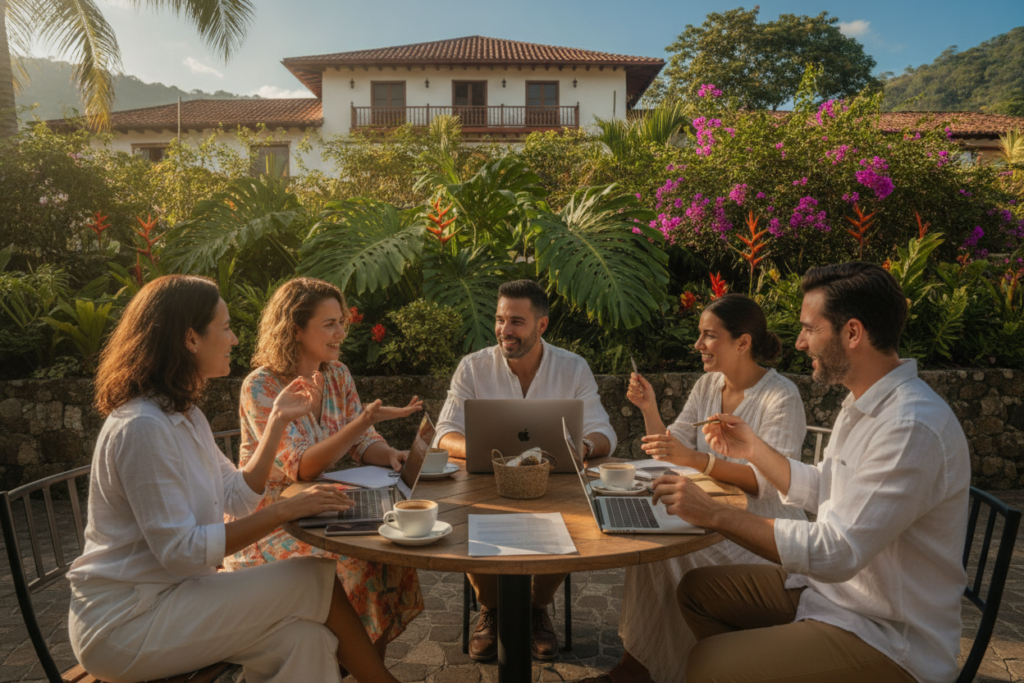 A picturesque scene capturing the essence of navigating legal work opportunities in Costa Rica. In the foreground, a diverse group of individuals, casually dressed, engaged in a friendly discussion over documents and laptops at a vibrant outdoor café. The middle layer features lush tropical foliage and colorful flowers, symbolizing the rich culture of Costa Rica. In the background, an iconic view of a traditional Costa Rican building with a distinctive architecture style and the vibrant blue sky above. Soft, natural lighting bathes the scene, casting gentle shadows and enhancing the inviting atmosphere. The image should convey a sense of community, collaboration, and the vibrant opportunities that Costa Rica offers for visitors exploring legal work avenues.