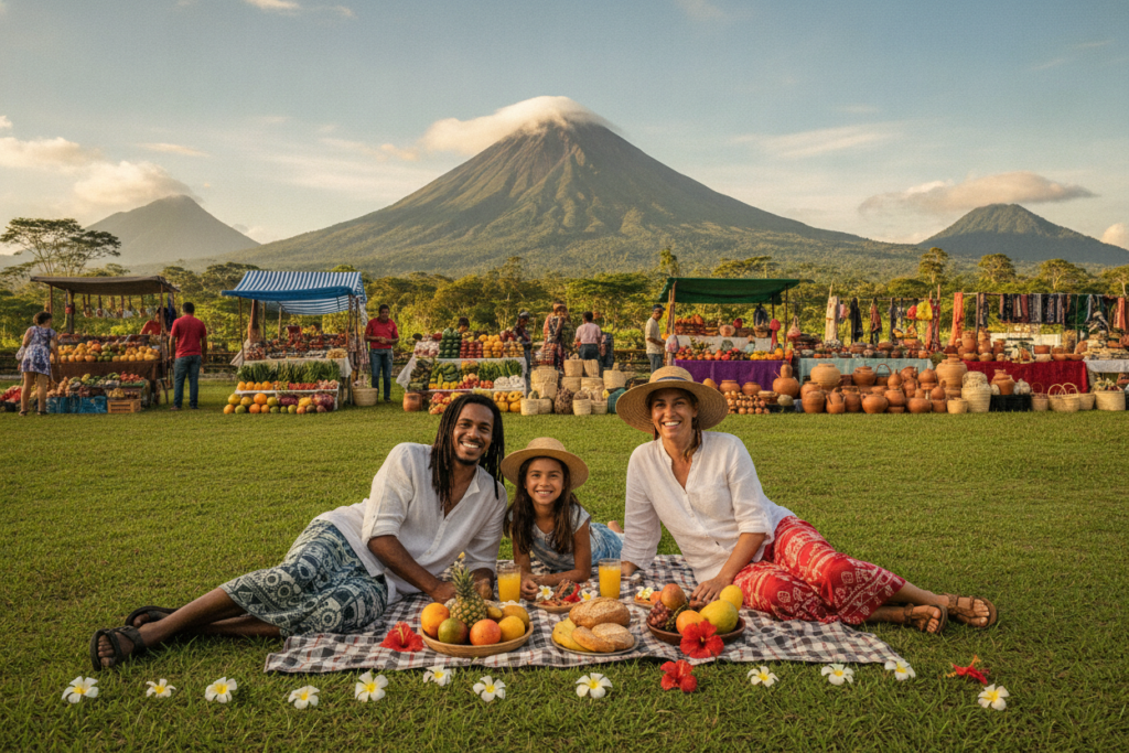 A picturesque scene capturing the essence of the Pura Vida lifestyle in Costa Rica. In the foreground, a diverse group of three individuals, casually dressed in comfortable, colorful clothing, enjoy a picnic on a lush green lawn dotted with tropical flowers. In the middle ground, a vibrant local market bustles with activity, showcasing fresh produce and handmade crafts. The background features the majestic Arenal Volcano, framed by clear blue skies and wispy clouds, with a hint of distant mountains. The scene is illuminated by warm, natural sunlight, creating a relaxed, inviting atmosphere that embodies harmony with nature. The composition is framed with a focus on the joyful interactions among the people, emphasizing community and connection in a serene, tropical setting.