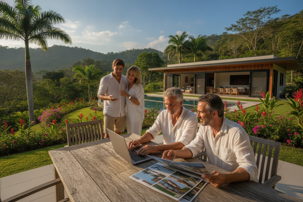 A picturesque scene depicting a family discussing property investment in a tropical Costa Rican landscape. In the foreground, a couple in modest casual clothing, sitting at a wooden table, looks over property documents and a laptop, with expressions of intrigue and encouragement. In the middle ground, a beautifully landscaped garden featuring vibrant flowers and palm trees surrounds a charming, modern residential property that embodies the essence of investment in real estate. The background showcases lush green hills under a bright blue sky, bathed in warm, natural sunlight, creating an inviting and hopeful atmosphere. The composition is framed at a slight angle to highlight both the family and the property, capturing the essence of pursuing residency through investment in a serene, tropical setting.