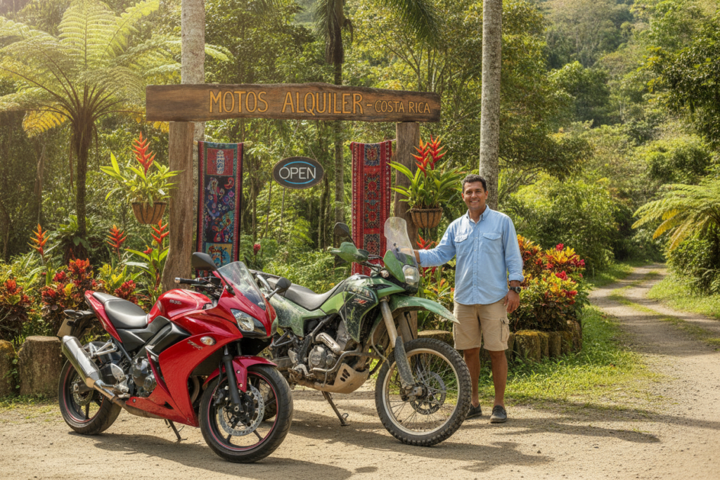 A picturesque scene depicting a motorcycle rental shop in Costa Rica. In the foreground, display two attractive motorcycles of different styles: a sleek sport bike and a rugged off-road bike, both gleaming under the natural sunlight. To the side, a rental agent in smart casual attire stands by the entrance, giving a friendly smile, while a lush green tropical landscape with palm trees and vivid flowers fills the background. The middle of the image showcases the shop with an open sign, framed by vibrant local decorations. The lighting should convey a bright, inviting atmosphere, highlighting the motorcycles' details. The composition is slightly angled to capture the essence of adventure, embodying the spirit of exploring Costa Rica on two wheels.