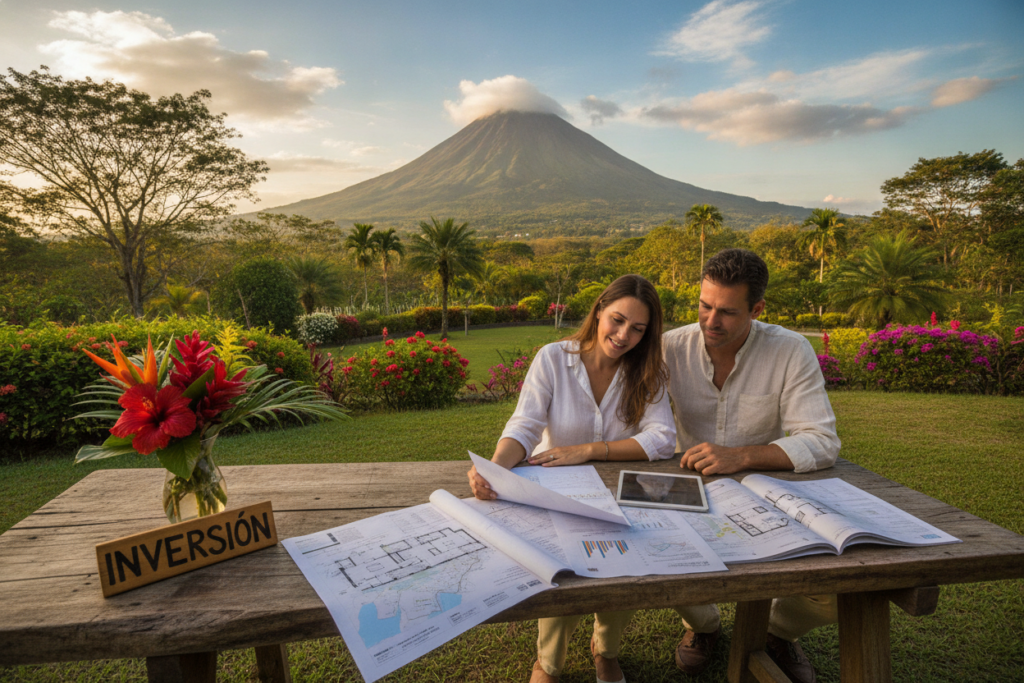 A picturesque scene depicting a serene Costa Rica landscape emphasizing the theme of investment for residency. In the foreground, a couple of casually dressed professionals examine property documents, sitting at a rustic wooden table adorned with tropical flowers. The middle ground features a lush green garden with vibrant flora, hinting at potential real estate investments. In the background, a stunning view of the iconic Arenal Volcano and blue skies creates an inviting atmosphere. Natural daylight pours in, casting soft shadows and highlighting the peaceful environment. The mood is optimistic and aspirational, capturing the essence of investing in paradise. The image should reflect professionalism and tranquility, without any text or distractions.