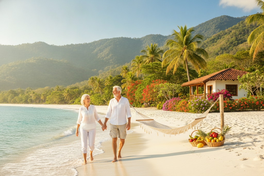 A picturesque scene depicting the key features of Costa Rican retirement visas. In the foreground, a casually dressed couple in their 60s, smiling and holding hands, stands on a vibrant beach with white sand and turquoise waters. In the middle, symbols representing retirement benefits like a peaceful hammock, tropical fruits, and a small house with a garden of colorful flowers. The background showcases lush green mountains under a clear blue sky, with sunlight illuminating the scene, creating a warm and inviting atmosphere. The overall mood is one of tranquility and happiness, reflecting the relaxed lifestyle of retiring in Costa Rica, highlighting its natural beauty and peaceful living conditions.