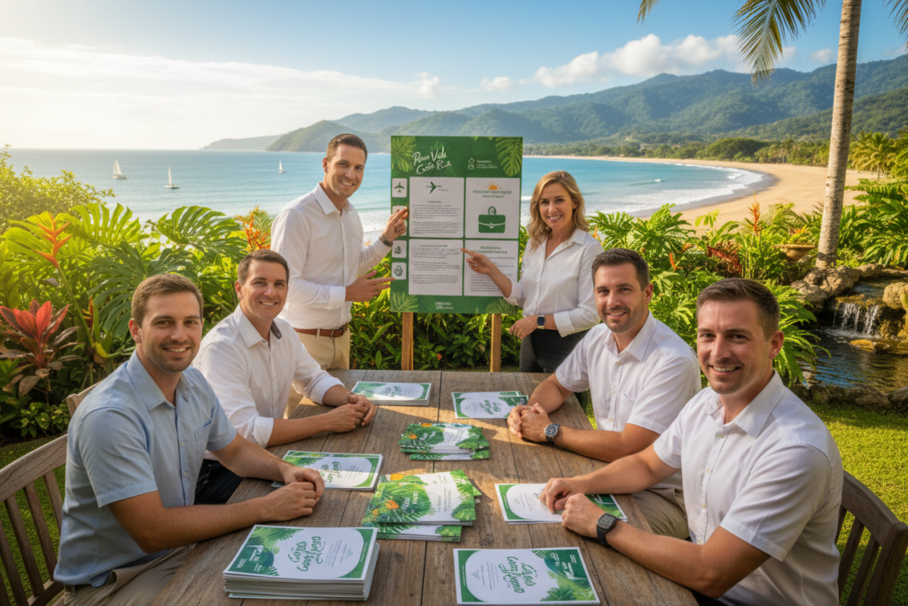A picturesque scene illustrating Costa Rica residency options, featuring a vibrant outdoor setting with lush greenery and iconic tropical plants. In the foreground, a diverse group of Caucasian professionals in business casual attire (polo and button-down shirts) are engaged in a discussion around a table, with documents and brochures labeled "Pura Vida Costa Rica" prominently displayed. The middle ground showcases various representations of residency options, such as tourist visas and retirement residency with small visuals and icons. In the background, the stunning Costa Rican landscape includes a serene beach and distant mountains under a bright blue sky, enhancing the sense of opportunity and relaxation. The lighting is warm and inviting, capturing the essence of Costa Rica’s friendly atmosphere. The overall mood is informative yet welcoming, perfect for understanding residency options.