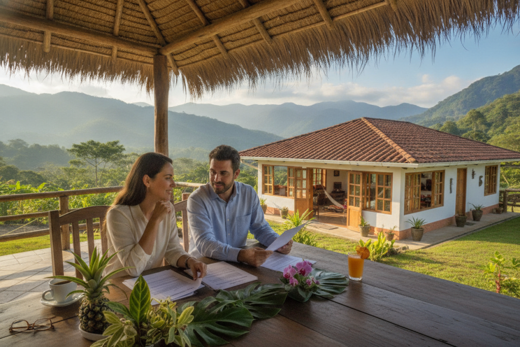 A picturesque scene in Costa Rica depicting eligibility and documentation for residency, set against a backdrop of lush green mountains and vibrant flora. In the foreground, a professionally dressed couple, looking contemplative yet hopeful, examines residency paperwork on a wooden table adorned with tropical plants. The middle ground features a cozy Costa Rican home, with sunlight streaming through open windows, creating a warm and inviting atmosphere. In the background, a clear blue sky complements the stunning landscape, enhancing the sense of tranquility. The image captures a feeling of optimism and clarity, with natural lighting highlighting the couple’s expressions of determination and excitement about their future residency.