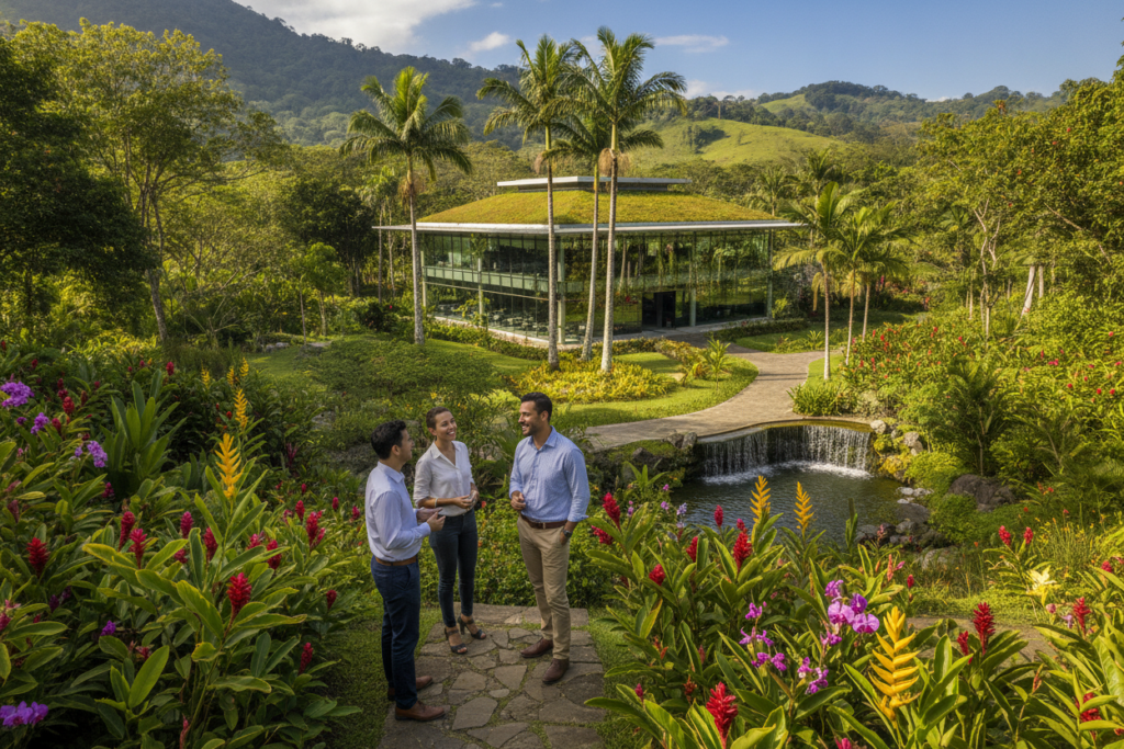 A picturesque scene in Costa Rica illustrating important considerations for foreign workers. In the foreground, a diverse group of three foreign workers—two men and one woman—are engaged in a discussion, dressed in smart-casual attire, surrounded by tropical plants and colorful flowers. The middle ground features a scenic landscape with a modern office building and palm trees, symbolizing a welcoming work environment. In the background, a clear blue sky with soft clouds highlights the sunny, inviting climate of Costa Rica. Natural light casts gentle shadows, enhancing the vibrant colors. The mood is one of collaboration and optimism, emphasizing the opportunities and support available for foreign workers in this beautiful country. The image is framed from a slightly elevated perspective to capture the entire vibrant scene harmoniously.