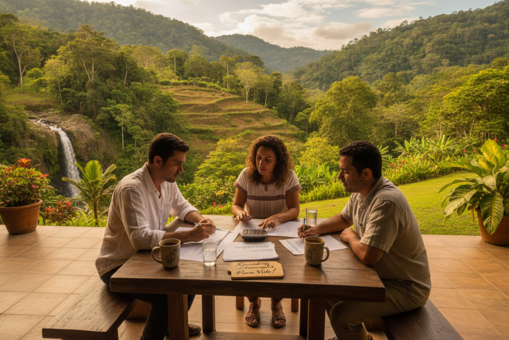 A picturesque scene set in a lush Costa Rican landscape, with rolling green hills and tropical flora in the background, capturing the essence of the country's natural beauty. In the foreground, a casual group of three people gathered around a wooden table displaying various papers and a calculator, deep in discussion about financial planning for Costa Rica residency. They are dressed in comfortable, modest clothing reflecting a relaxed yet professional atmosphere. Soft natural lighting illuminates the scene, highlighting the warmth of Costa Rican culture. The camera angle is slightly elevated, giving a clear view of both the group and the vibrant surroundings, evoking a mood of collaboration and careful consideration in managing service fees and financial aspects.