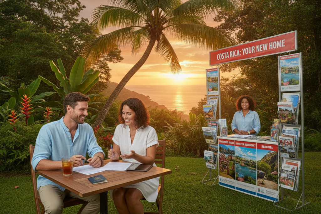 A picturesque scene showcasing the diverse residency options in Costa Rica. In the foreground, a friendly couple dressed in smart casual clothing reviews residency documents under a palm tree, embodying the relaxed yet professional atmosphere. In the middle ground, a travel agent stands beside a colorful display featuring brochures of the different types of residencies, such as pensionado and investor options. Behind them, lush tropical greenery and a vibrant sunset create a warm, inviting backdrop, illuminating the scene with natural light. The image captures a harmonious blend of nature and lifestyle, emphasizing the beauty and opportunities in Costa Rica, with a clear, focused composition that invites viewers to explore their residency options.