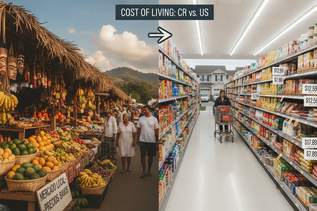 Picturesque split-scene image comparing living expenses in Costa Rica and the US