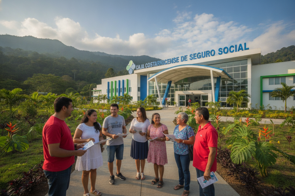 A picturesque view of the Caja Costarricense healthcare system in Costa Rica, showcasing a modern healthcare facility with tropical flora surrounding it. In the foreground, a diverse group of casually dressed residents—men and women of various ages—engage in friendly conversation while holding healthcare brochures. The middle ground features the main entrance of the healthcare facility, characterized by clean lines and bright, welcoming colors, with a large sign indicating "Caja Costarricense." In the background, the lush green landscape and distant mountains reflect Costa Rica's natural beauty under soft, natural lighting. The atmosphere feels warm and inviting, embodying community spirit and accessible healthcare. The image should be framed with a slight tilt upward to capture both the facility and the vibrant sky above.