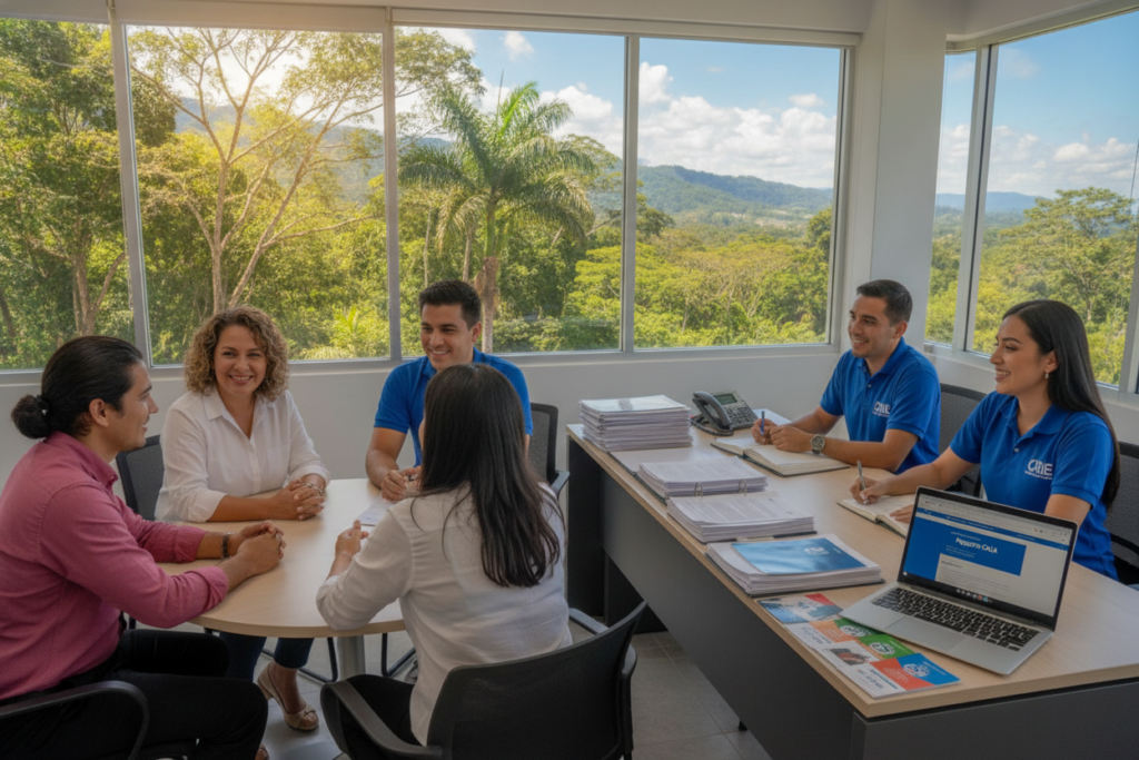 A professional Costa Rican office environment showcasing a supportive scene of CRIE personnel assisting individuals with the CAJA registration process. In the foreground, diverse individuals in modest business attire engage in discussions with friendly CRIE consultants, highlighting the collaborative atmosphere. The middle ground features a well-organized workspace with a desk, documents, a laptop displaying the CAJA website, and colorful brochures on the table. The background displays a window featuring lush Costa Rican landscapes, with vibrant greenery and a clear blue sky, allowing natural light to filter in. The mood is uplifting and encouraging, emphasizing guidance and support during the registration process. The image captures the essence of teamwork and empowerment in a professional setting.