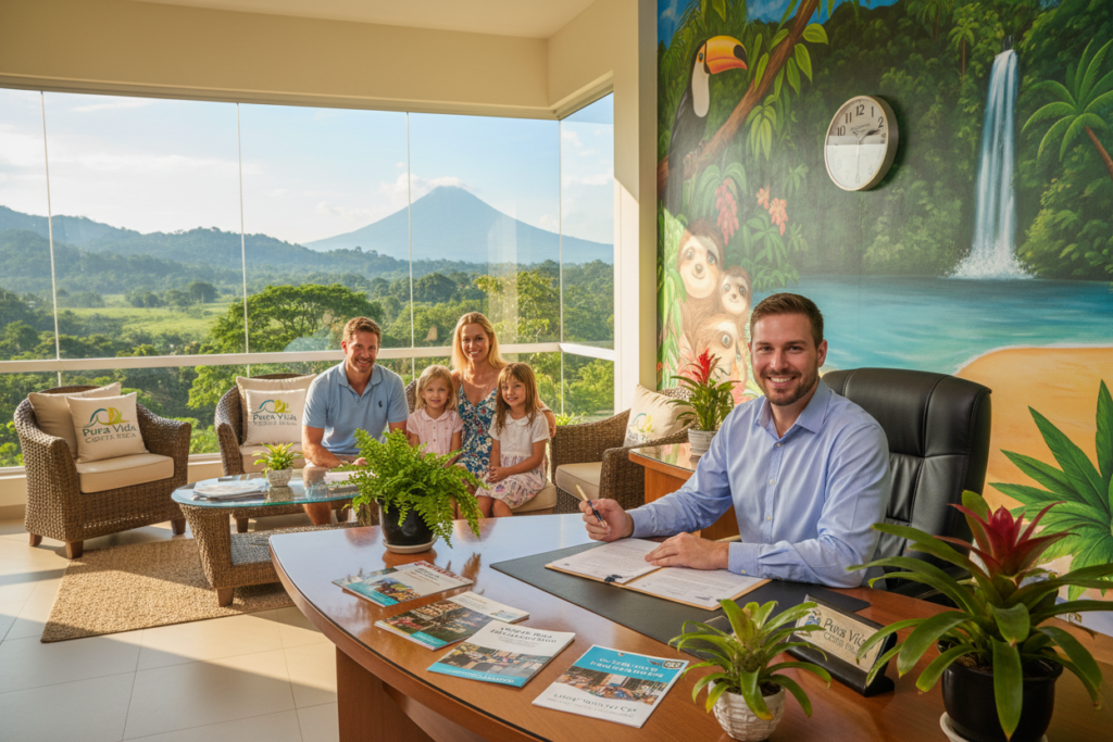 A professional and inviting office space representing the Costa Rican residency process for expat families. In the foreground, a friendly Caucasian staff member in a button-down shirt assists a family, including parents and children, dressed in modest casual clothing, reviewing documents at a desk adorned with tropical plants. In the middle, a waiting area displays brochures about residency options and educational resources for expats, with a view of Costa Rican landscapes through large windows. The background features a vibrant mural of Costa Rica's natural beauty, enhancing the welcoming atmosphere. Soft, natural lighting filters in, creating a warm and inviting mood. The “Pura Vida Costa Rica” brand is subtly integrated into the office decor, emphasizing positivity and community. A professional and inviting office space representing the Costa Rican residency process for expat families. In the foreground, a friendly Caucasian staff member in a button-down shirt assists a family, including parents and children, dressed in modest casual clothing, reviewing documents at a desk adorned with tropical plants. In the middle, a waiting area displays brochures about residency options and educational resources for expats, with a view of Costa Rican landscapes through large windows. The background features a vibrant mural of Costa Rica's natural beauty, enhancing the welcoming atmosphere. Soft, natural lighting filters in, creating a warm and inviting mood. The “Pura Vida Costa Rica” brand is subtly integrated into the office decor, emphasizing positivity and community.