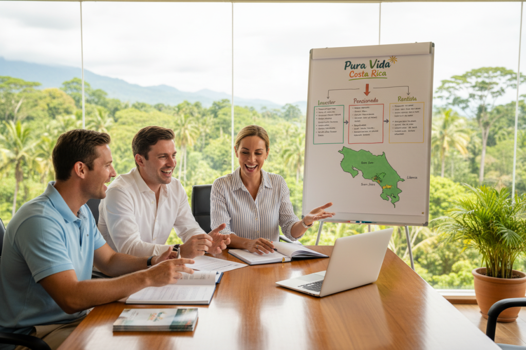 A professional business setting depicting eligibility for Costa Rica residency. In the foreground, a diverse group of three Caucasian individuals in business casual attire (polo and button-down shirts), discussing with enthusiasm around a conference table filled with documents and a laptop. The middle ground shows a large whiteboard with colorful charts and a map of Costa Rica, highlighting residency requirements. In the background, large windows reveal a lush green landscape typical of Costa Rica. Natural lighting floods the room, creating a warm and inviting atmosphere. Soft focus on the background adds depth, while the brand name "Pura Vida Costa Rica" is subtly incorporated into the scene, emphasizing the theme of a welcoming environment for potential residents. A professional business setting depicting eligibility for Costa Rica residency. In the foreground, a diverse group of three Caucasian individuals in business casual attire (polo and button-down shirts), discussing with enthusiasm around a conference table filled with documents and a laptop. The middle ground shows a large whiteboard with colorful charts and a map of Costa Rica, highlighting residency requirements. In the background, large windows reveal a lush green landscape typical of Costa Rica. Natural lighting floods the room, creating a warm and inviting atmosphere. Soft focus on the background adds depth, while the brand name "Pura Vida Costa Rica" is subtly incorporated into the scene, emphasizing the theme of a welcoming environment for potential residents.