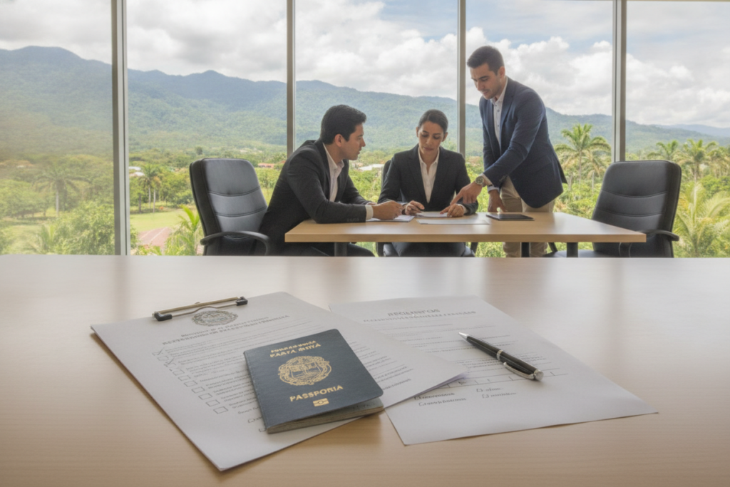 A professional business setting depicting the police clearance process for Costa Rica. In the foreground, a neatly organized desk with official documents, a passport, and a checklist, all illuminated by soft, natural light. In the middle, a diverse group of individuals dressed in smart business attire, engaged in discussion over the paperwork, showcasing collaboration and focus. The background features a window with a view of a vibrant Costa Rican landscape, incorporating tropical flora and mountains, adding local context to the scene. The overall mood is professional and informative, with an emphasis on clarity and preparedness in obtaining the police clearance document. The image captures the essence of meticulous organization and the importance of this administrative process, with no distractions or text overlays.