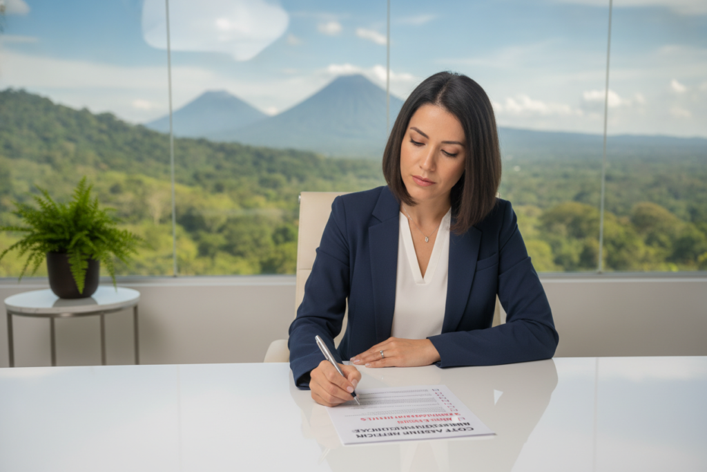 A professional businesswoman sitting at a modern desk in a bright, airy office overlooking a vibrant Costa Rican landscape, featuring lush greenery and volcanic hills in the background. In front of her, a detailed checklist lies on the desk, highlighting common pitfalls in residency applications such as incomplete documents, missed deadlines, and insufficient financial proof. The woman's expression is focused and thoughtful as she reviews the checklist, dressed in smart, professional attire. Soft, natural sunlight pours through large windows, creating an inviting atmosphere. The scene conveys a sense of diligence and preparation, with a warm, optimistic mood. The composition should be photorealistic, with attention to detail and depth, emphasizing the beauty of Costa Rica’s environment.