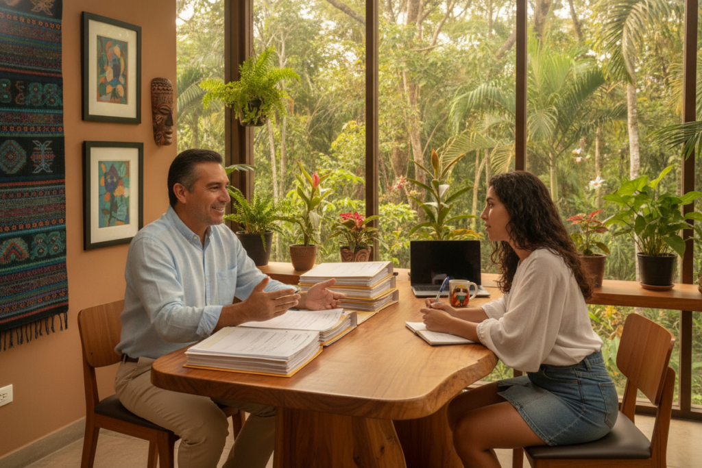 A professional consultant assisting a client in a warm, inviting office in Costa Rica, showcasing a blend of local culture and modern design. In the foreground, the consultant, a middle-aged Latin American man in smart casual attire, is seated at a sleek wooden desk with immigration files and forms neatly organized. The client, a young woman in casual clothing, looks engaged while taking notes. In the middle ground, tropical plants and Costa Rican art adorn the walls, enhancing the ambiance. Outside the large windows, a lush green landscape is visible, bathed in soft natural light, creating an uplifting atmosphere. The scene conveys a sense of trust and expertise, perfect for illustrating the experienced services in immigration assistance. A professional consultant assisting a client in a warm, inviting office in Costa Rica, showcasing a blend of local culture and modern design. In the foreground, the consultant, a middle-aged Latin American man in smart casual attire, is seated at a sleek wooden desk with immigration files and forms neatly organized. The client, a young woman in casual clothing, looks engaged while taking notes. In the middle ground, tropical plants and Costa Rican art adorn the walls, enhancing the ambiance. Outside the large windows, a lush green landscape is visible, bathed in soft natural light, creating an uplifting atmosphere. The scene conveys a sense of trust and expertise, perfect for illustrating the experienced services in immigration assistance.