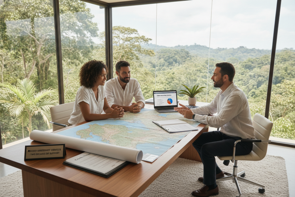 A professional consultant in a stylish office space overlooking lush Costa Rican landscapes, the foreground shows the consultant, dressed in smart casual attire, engaged in a conversation with a diverse couple exploring residency options. In the middle ground, a large wooden desk is adorned with maps of Costa Rica, official documents, and a laptop displaying residency information. The background showcases panoramic windows with greenery and vibrant tropical plants, illuminated by soft, natural light streaming in. The atmosphere is warm and inviting, emphasizing guidance and expertise in a welcoming environment, symbolizing two decades of SUCCESS and support from CRIE residency services. The composition captures the essence of living and working in Costa Rica.