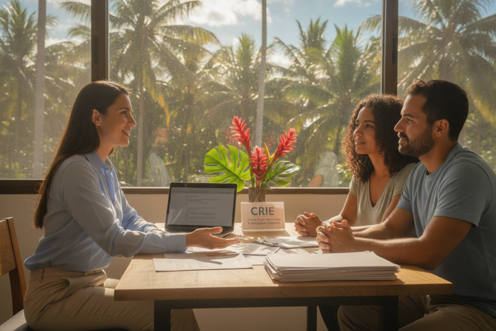 A professional consultant provides residency and immigration services in a cozy, sunlit office in Costa Rica. In the foreground, the consultant, dressed in modest business casual attire, engages warmly with a diverse couple seeking guidance, displaying empathy and expertise. In the middle, a neatly organized desk features documents, a laptop, and Costa Rican flora, symbolizing the essence of the region. The background showcases a vibrant window view of lush greenery and a clear blue sky, enhancing the tropical ambiance. Natural light filters through the window, creating a welcoming and inviting atmosphere that conveys trust and professionalism, embodying CRIE’s expertise in residency and immigration services. A professional consultant provides residency and immigration services in a cozy, sunlit office in Costa Rica. In the foreground, the consultant, dressed in modest business casual attire, engages warmly with a diverse couple seeking guidance, displaying empathy and expertise. In the middle, a neatly organized desk features documents, a laptop, and Costa Rican flora, symbolizing the essence of the region. The background showcases a vibrant window view of lush greenery and a clear blue sky, enhancing the tropical ambiance. Natural light filters through the window, creating a welcoming and inviting atmosphere that conveys trust and professionalism, embodying CRIE’s expertise in residency and immigration services.