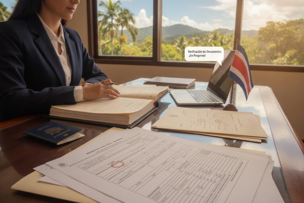 A professional individual dressed in business attire, seated at a well-organized desk filled with essential documents related to residency in Costa Rica, is the focal point of the image. In the foreground, a close-up of well-prepared residency application forms and a Costa Rican flag symbolize the importance of proper documentation. The middle ground features a laptop with a notification highlighting the verification process, alongside a stack of official letters and a calendar marked with deadlines. In the background, a window reveals a bright, tropical scene typical of Costa Rica, with lush greenery and a clear blue sky enhancing the atmosphere. The lighting is natural and warm, creating a sense of urgency and professionalism, inviting the viewer to contemplate the significance of thorough document preparation for a smooth residency experience.