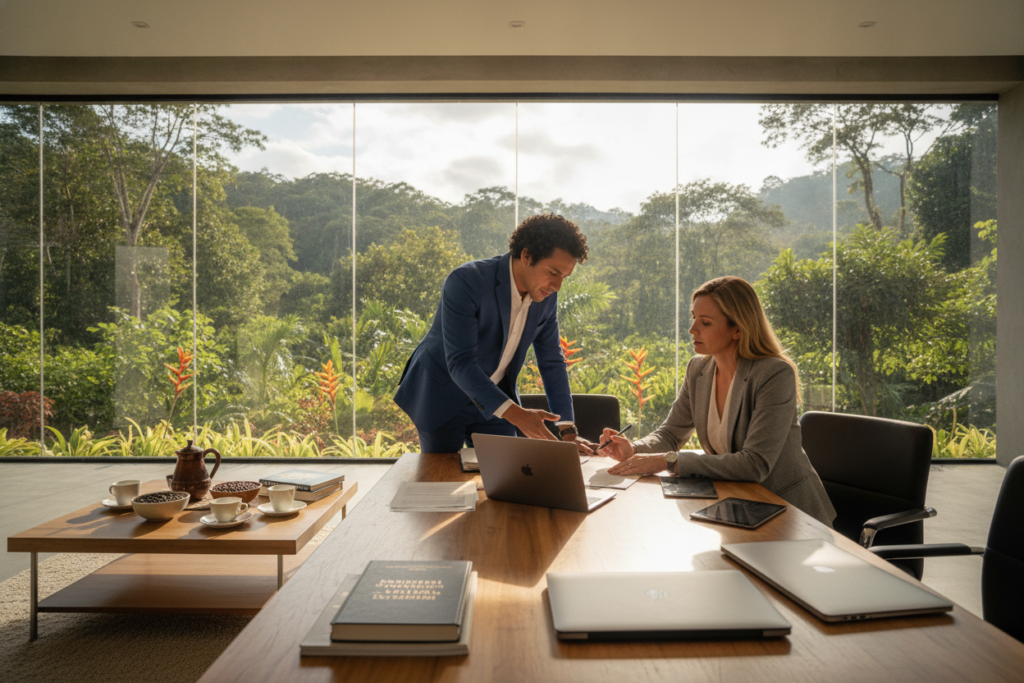 A professional meeting scene set in a bright, airy office overlooking a lush Costa Rican landscape. In the foreground, two individuals—one Costa Rican and one expatriate—are engaged in discussion, surrounded by documents and laptops, dressed in smart business attire. The middle ground features a coffee table with Costa Rican coffee and translation materials. The background showcases large windows revealing a vibrant garden with tropical plants, reflecting a serene and productive atmosphere. Natural light floods the space, casting soft shadows. The camera angle is slightly low, emphasizing the collaboration and focus of the subjects, creating a collaborative mood of expert guidance and teamwork.