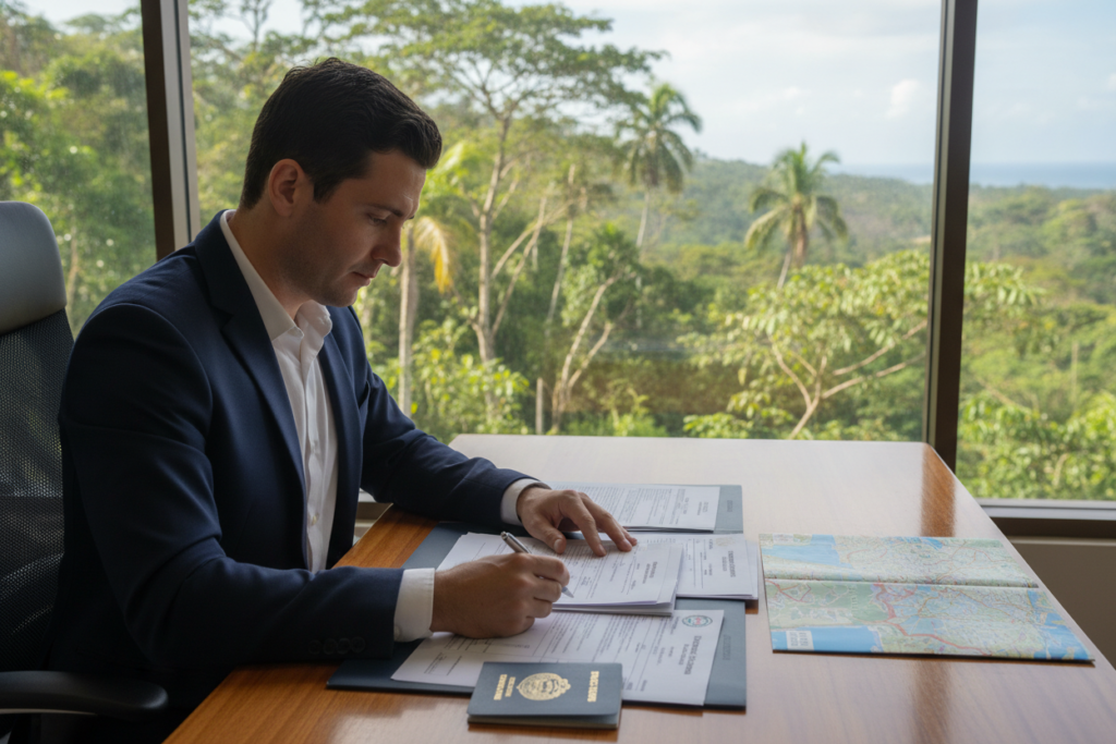 A professional office desk set against a window revealing a lush Costa Rican landscape. On the desk, a neatly arranged stack of documents, including a passport, residency application forms, and a colorful Costa Rican map. A focused individual in business attire reviews the papers, embodying determination. Soft, natural light pours in from the window, casting gentle shadows. In the background, hints of tropical greenery are visible, enriching the scene with a sense of place. The atmosphere conveys a mixture of anticipation and calm, reflecting the final steps of a crucial journey. The image maintains a clean, clutter-free aesthetic, emphasizing professionalism and clarity.