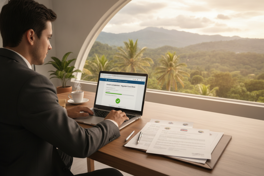 A professional office scene showcasing the process of tracking a Costa Rica immigration application. In the foreground, a person in a business suit is focused on a laptop, displaying the tracking interface of a government website. The middle ground features an open document with Costa Rican emblem and immigration forms spread out on a polished wooden desk. In the background, a large window lets in soft, natural light highlighting lush green landscapes of Costa Rica, such as palm trees and rolling hills. The atmosphere is efficient and organized, conveying a sense of optimism and clarity in navigating the immigration process. The overall composition is sharp and vivid, focusing on details but maintaining a clean and professional aesthetic.