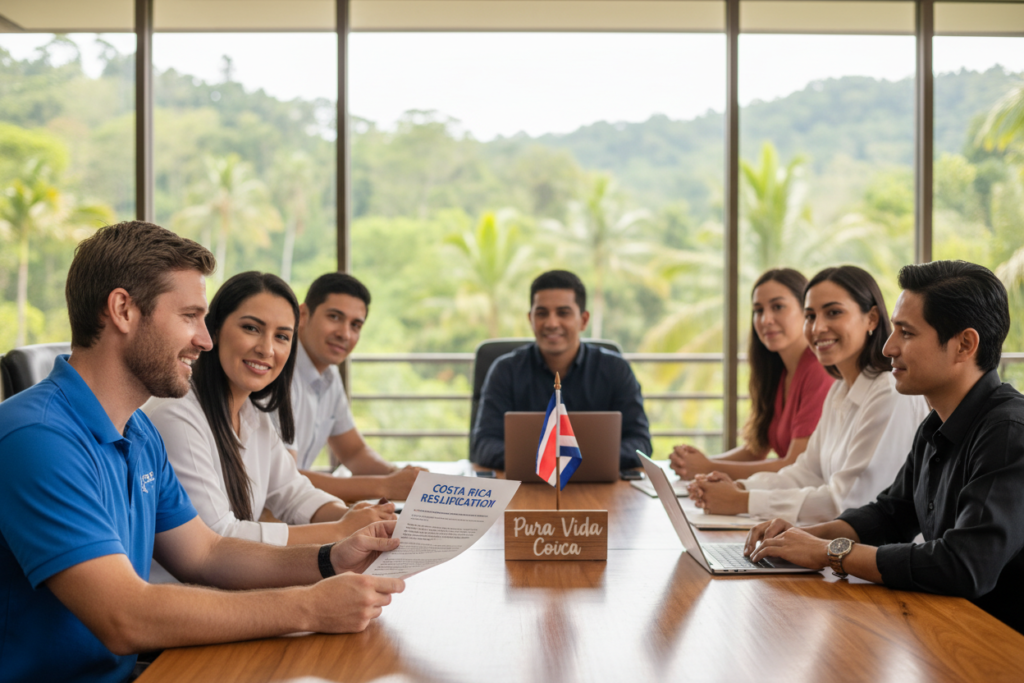 A professional office setting featuring a diverse team of supportive staff members discussing Costa Rica residency qualifications. In the foreground, a Caucasian staff member, dressed in a business casual polo shirt, reviews a document titled "Costa Rica Residency Qualification" with another colleague. The middle ground includes a large wooden table adorned with Costa Rican symbols like a miniature flag and a "Pura Vida Costa Rica" sign. In the background, large windows showcase a vibrant green jungle landscape, typical of Costa Rica, with soft, natural light filtering in, creating an inviting atmosphere. The mood is one of collaboration and professionalism, emphasizing the friendly and warm spirit of the Costa Rican environment. A professional office setting featuring a diverse team of supportive staff members discussing Costa Rica residency qualifications. In the foreground, a Caucasian staff member, dressed in a business casual polo shirt, reviews a document titled "Costa Rica Residency Qualification" with another colleague. The middle ground includes a large wooden table adorned with Costa Rican symbols like a miniature flag and a "Pura Vida Costa Rica" sign. In the background, large windows showcase a vibrant green jungle landscape, typical of Costa Rica, with soft, natural light filtering in, creating an inviting atmosphere. The mood is one of collaboration and professionalism, emphasizing the friendly and warm spirit of the Costa Rican environment.