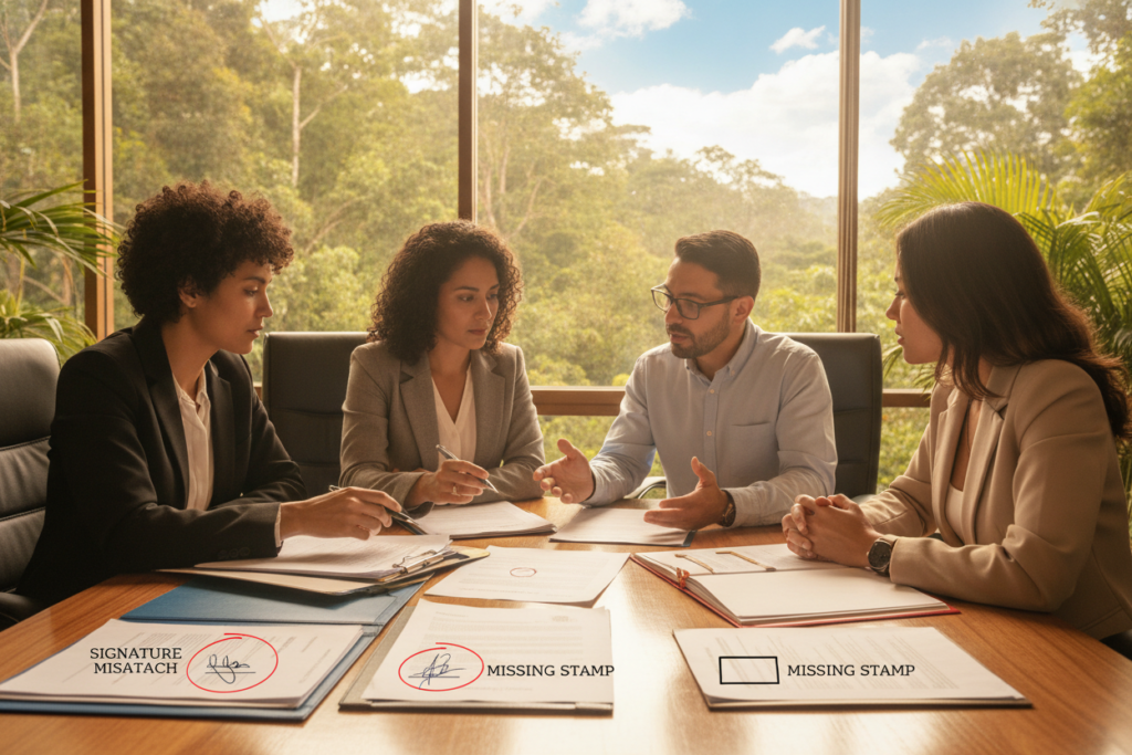 A professional office setting in Costa Rica, depicted with a team of diverse individuals dressed in business attire, reviewing residency documents to avoid common errors. Foreground features documents scattered on a sleek conference table, highlighting mistakes like mismatched signatures and missing stamps. In the middle, a group of three people engaged in discussion, pointing to relevant sections on a document with focused expressions. Background showcases a large window revealing lush Costa Rican greenery and a hint of a blue sky, flooding the room with natural light. The atmosphere is serious yet collaborative, emphasizing the importance of diligence in documentation. The image should feel warm and inviting, capturing the essence of professionalism in a tropical setting.