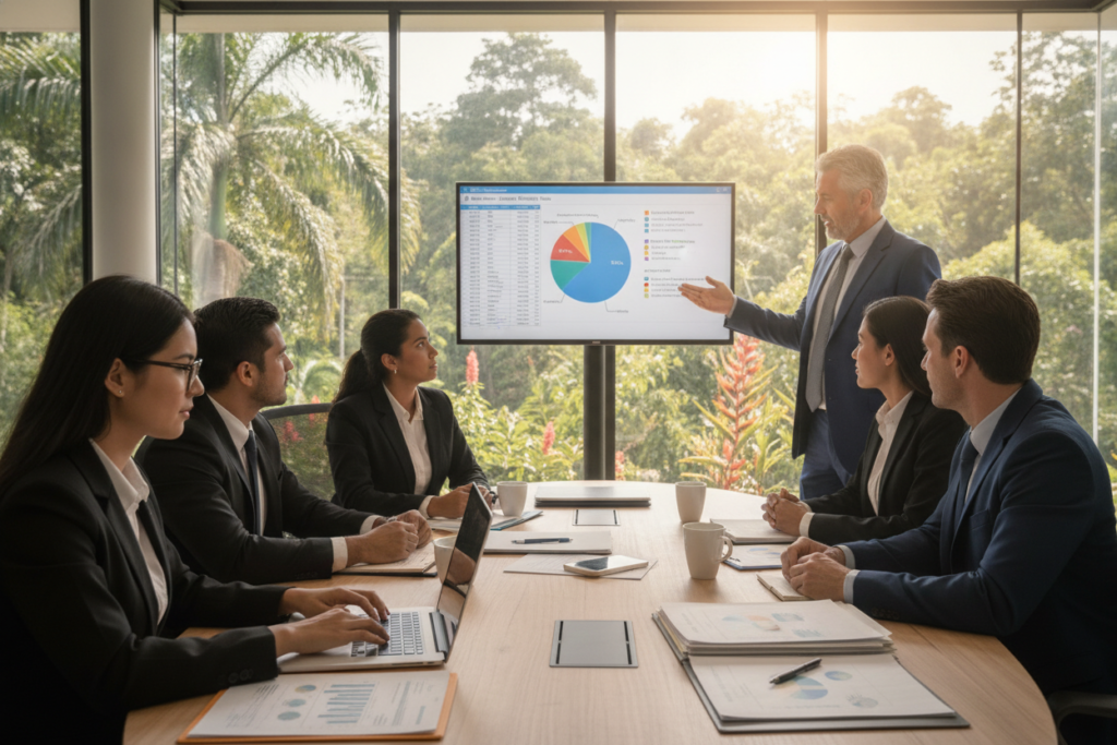 A professional office setting in Costa Rica, featuring a diverse group of individuals in business attire discussing fee calculation for investor residents. In the foreground, a young woman with glasses is analyzing financial documents on a laptop, while a middle-aged man gestures to a colorful pie chart displayed on a large screen. The middle ground showcases a round table with charts and papers scattered around, reflecting a collaborative atmosphere. In the background, large windows reveal a lush tropical landscape and bright natural light floods the room, creating an inviting and productive vibe. The overall mood is one of teamwork and clarity, emphasizing the importance of understanding fees in a friendly and engaging manner.