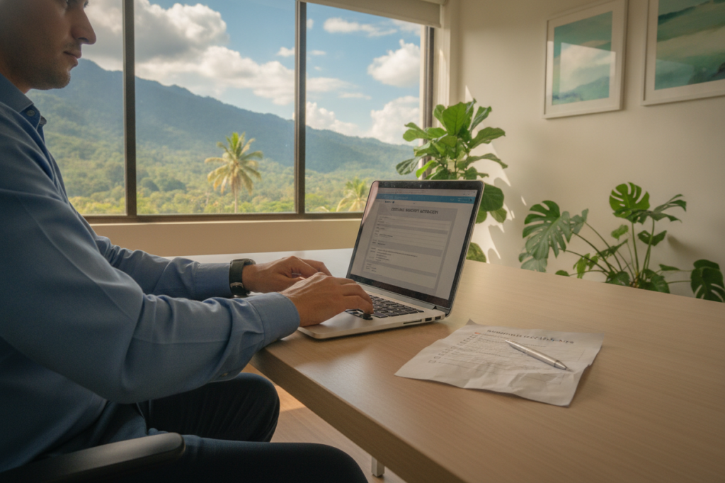 A professional office setting in Costa Rica, featuring a well-dressed individual sitting at a modern desk, focused on filling out a residency application on a laptop. The foreground showcases a close-up of the applicant's hands typing and a printed checklist of required documents beside them. In the middle, a window provides a view of a lush tropical landscape, highlighting the vibrant greenery and blue skies typical of Costa Rica, integrating natural light that casts a warm glow on the scene. The background reveals minimalist office decor with potted plants, emphasizing a sense of serenity and professionalism. The overall mood conveys determination and focus, capturing the important step of submitting a residency application in an inviting, tropical environment.
