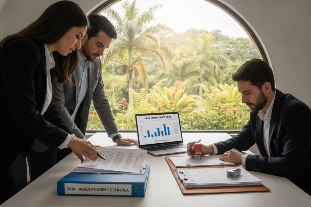 A professional office setting in Costa Rica, focusing on compliance with CAJA regulations for residents. In the foreground, a diverse group of three individuals in business attire are engaged in a discussion, examining documents related to CAJA compliance. The middle ground features an open folder labeled CAJA with neatly organized paperwork and a laptop displaying relevant graphs and statistics. The background reveals a bright window showcasing lush greenery typical of Costa Rica, with soft natural light filtering through, enhancing the atmosphere of professionalism and clarity. The mood is collaborative and focused, capturing the essence of ensuring immigration and CAJA compliance in a serene, tropical environment.