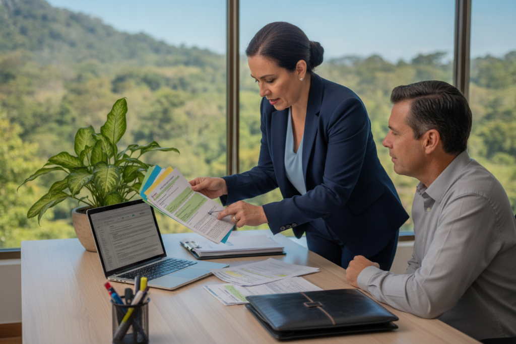 A professional office setting in Costa Rica, showcasing a consultant assisting a client with residency document error resolution. The foreground features a middle-aged, professional woman in business attire, reviewing colorful residency papers with a focused expression. The middle area contains a modern desk with a laptop, legal documents, and stationery, while a potted plant adds a touch of nature. In the background, large windows reveal a vibrant view of Costa Rica’s lush greenery and a bright blue sky. Natural light floods the room, creating a warm and inviting atmosphere. The image conveys a sense of expertise, professionalism, and hope in resolving legal issues efficiently. Use a realistic lens effect to enhance depth of field, ensuring clarity on the subjects.
