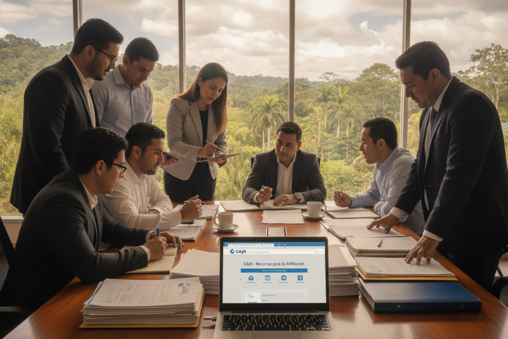 A professional office setting in Costa Rica, where individuals are preparing for the CAJA enrollment process. In the foreground, a diverse group of adults, dressed in business attire and modest casual clothing, are discussing documents and reviewing information on laptops. The middle ground features stacks of enrollment forms, informative brochures about CAJA, and a laptop displaying a website with resources. In the background, large windows let in natural light, illuminating a view of lush greenery typical of Costa Rica. The mood is focused and collaborative, capturing the essence of preparation and organization. The scene should have a warm, inviting atmosphere, emphasizing professionalism and community engagement.