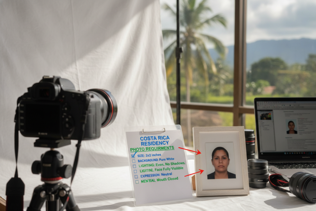 A professional photographer's workspace showcasing the photo requirements for residency in Costa Rica. In the foreground, a neatly arranged camera with a white backdrop, showcasing a framed sample passport photo meets official specifications. The middle ground features highlighted elements such as a checklist with key criteria like size, background color, and lighting effects, emphasized with contrasting colors. In the background, natural sunlight softly illuminates a tropical Costa Rican landscape through a window, adding a serene atmosphere. The overall mood is organized and informative, exuding professionalism. Utilize natural lighting to create soft shadows while maintaining clarity on the checklist and sample photo, capturing the essence of preparation for residency documentation.