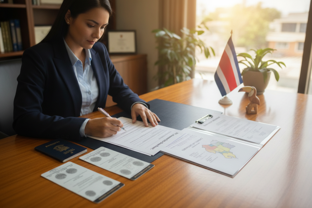 A professional, photorealistic office scene depicting a person sitting at a desk, meticulously organizing documents for an FBI background check related to Costa Rica residency. The foreground features a well-dressed individual, wearing business attire, focusing intently on a stack of papers, including an application form and fingerprint cards. In the middle, various documents are neatly arranged, showcasing the importance of the background check process, with Costa Rica maps and cultural references subtly included. The background reveals a softly lit office with natural lighting filtering through a window, highlighting a potted plant or national flag. The mood conveys diligence and anticipation, reflecting the seriousness of preparing for residency in Costa Rica. The image is composed with a warm color palette, creating an inviting yet professional atmosphere.