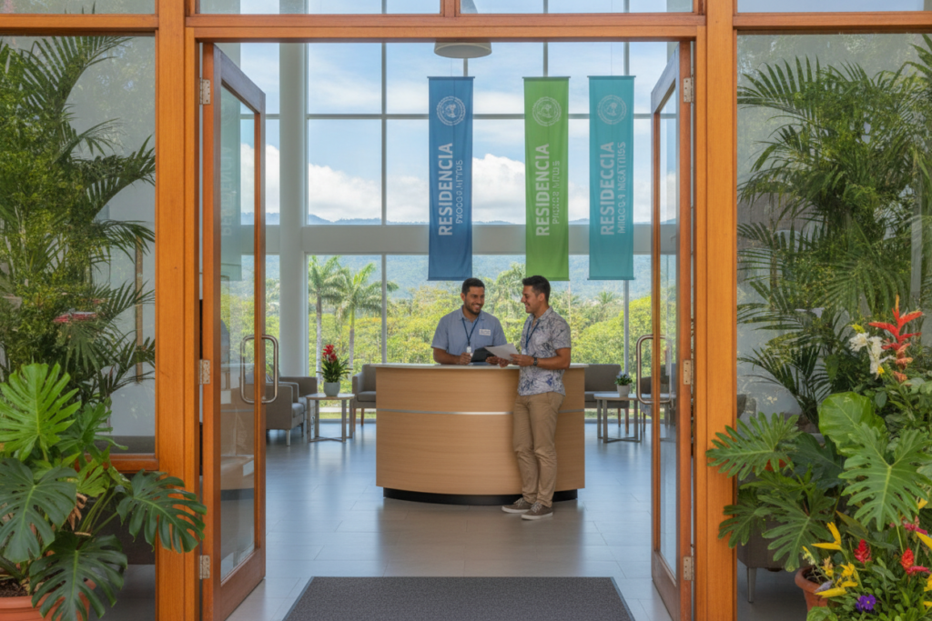 A professional, photorealistic representation of the CRIE (Costa Rica Immigration Services) office. In the foreground, showcase an inviting entrance with large glass doors and a warm wooden frame, adorned with tropical plants. In the middle ground, illustrate a friendly, casually dressed staff member assisting an immigrant at a reception desk, both smiling and engaged in conversation. The background should depict a modern, bright interior filled with natural light pouring in from large windows, with banners displaying information on residency and immigration processes. Capture the vibrant colors of Costa Rican nature visible outside, through the transparent windows. The atmosphere is welcoming and supportive, reflecting CRIE’s role in guiding individuals through the immigration process.