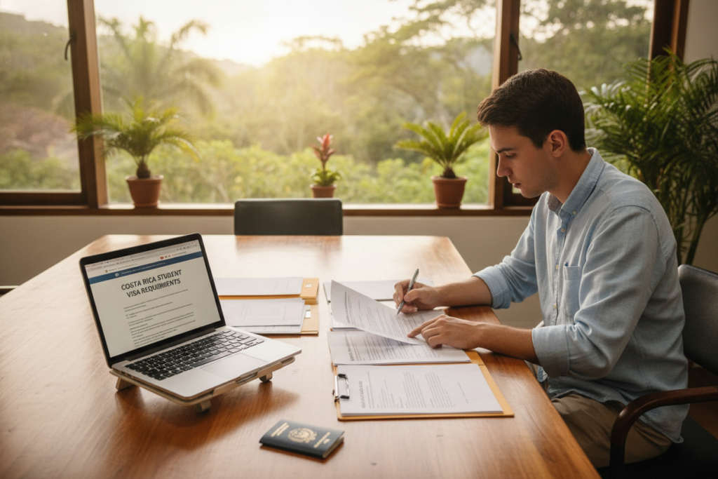 A professional, serene workspace in Costa Rica, featuring a large wooden table adorned with a variety of paperwork and documents essential for a student visa application. In the foreground, a laptop is open, displaying a website with visa information, surrounded by a selection of neatly organized papers, including checklists and forms. In the middle, a casually dressed individual, a young adult with a focused expression, is reviewing the documents with a pen in hand. The background reveals a lush, green Costa Rican landscape visible through a large window, with tropical plants softly illuminated by warm, natural light filtering in. The atmosphere is calm and productive, emphasizing clarity and understanding of the intricate visa requirements.
