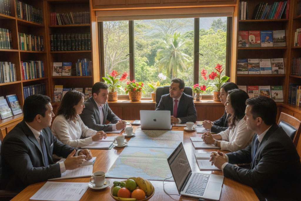 A professional setting at a Costa Rican immigration consulting office, featuring a warm and inviting atmosphere. In the foreground, a diverse group of individuals in casually elegant business attire, engaged in a discussion around a wooden table covered with immigration documents, maps of Costa Rica, and laptops. In the middle ground, a large window frames a lush tropical landscape with colorful Costa Rican flora, letting in natural light that highlights the room's wooden decor and accents. The background shows shelves filled with books and pamphlets about immigration services, further establishing the context. The scene conveys a sense of trust, professionalism, and helpfulness, ideal for illustrating the process of finding a reliable immigration consultant in Costa Rica. Soft and warm lighting enhances the welcoming mood of the space. A professional setting at a Costa Rican immigration consulting office, featuring a warm and inviting atmosphere. In the foreground, a diverse group of individuals in casually elegant business attire, engaged in a discussion around a wooden table covered with immigration documents, maps of Costa Rica, and laptops. In the middle ground, a large window frames a lush tropical landscape with colorful Costa Rican flora, letting in natural light that highlights the room's wooden decor and accents. The background shows shelves filled with books and pamphlets about immigration services, further establishing the context. The scene conveys a sense of trust, professionalism, and helpfulness, ideal for illustrating the process of finding a reliable immigration consultant in Costa Rica. Soft and warm lighting enhances the welcoming mood of the space.