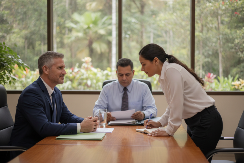 A professional setting depicting a Costa Rica residency interview, focusing on the theme of language barriers. In the foreground, a friendly, middle-aged applicant dressed in smart business attire sits at a table, looking slightly anxious yet hopeful. Across from them, a professional interpreter in modest, casual clothing assists, listening attentively and taking notes. The middle ground shows a government official, also in business attire, reviewing documents with a neutral expression. In the background, large windows reveal a lush Costa Rican landscape, with vibrant greenery and soft, natural light filtering through. The overall mood is one of tension mixed with hope, emphasizing the importance of communication and understanding in this critical moment.