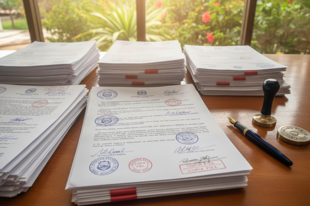 A professional setting depicting a desk cluttered with notarized copies of immigration documents for Costa Rica, arranged neatly on a wooden surface. In the foreground, a stack of stamped and signed documents is prominently displayed, showcasing a variety of paperwork related to residency requirements. In the middle ground, an elegant fountain pen and notary seal rest beside the documents, symbolizing the authority and importance of notarization. In the background, soft natural light filters through a window adorned with Costa Rican greenery, creating a warm and inviting atmosphere. The scene conveys a sense of professionalism and diligence, capturing the essence of key document requirements for residency in Costa Rica. The overall frame is captured from a slightly elevated angle, emphasizing the vibrant colors and textures of the paper and wooden desk.