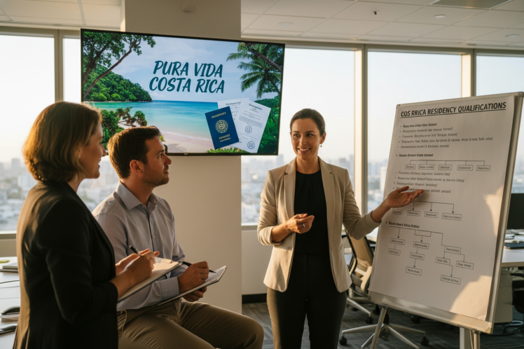A professional setting depicting a diverse group of Caucasian individuals in business casual attire, discussing Costa Rica residency qualifications. In the foreground, a confident woman points to a chart detailing eligibility criteria, while a man takes notes. The middle ground shows a large screen displaying the phrase "Pura Vida Costa Rica" alongside visuals of lush landscapes and residency documents. The background features a modern office environment with large windows letting in warm, natural light, creating an inviting and optimistic atmosphere. The composition should have a slight depth of field for focus on the people and content while softly blurring the background, evoking a sense of professionalism and collaboration around the topic of residency in Costa Rica. A professional setting depicting a diverse group of Caucasian individuals in business casual attire, discussing Costa Rica residency qualifications. In the foreground, a confident woman points to a chart detailing eligibility criteria, while a man takes notes. The middle ground shows a large screen displaying the phrase "Pura Vida Costa Rica" alongside visuals of lush landscapes and residency documents. The background features a modern office environment with large windows letting in warm, natural light, creating an inviting and optimistic atmosphere. The composition should have a slight depth of field for focus on the people and content while softly blurring the background, evoking a sense of professionalism and collaboration around the topic of residency in Costa Rica.