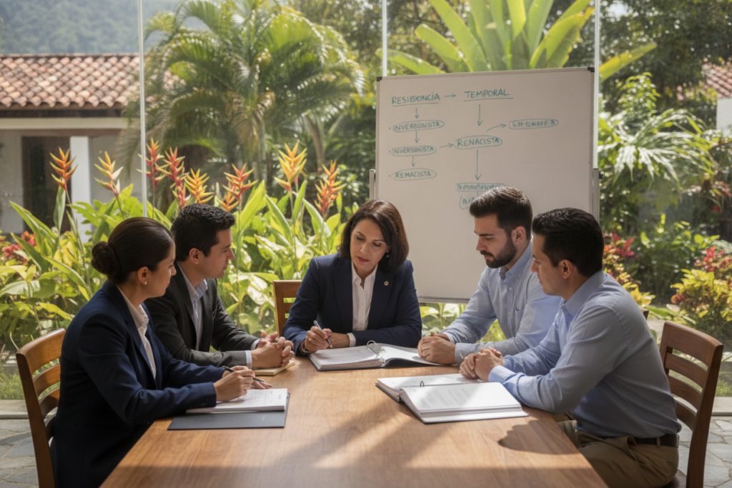 A professional setting depicting a diverse group of individuals engaged in a discussion about Costa Rica residency and immigration, set against a backdrop of lush tropical greenery and iconic Costa Rican architecture. The foreground features two professionals, a middle-aged woman in a business suit and a younger man in smart casual attire, intently reviewing documents at a wooden table. In the middle, a whiteboard displays flowcharts related to residency processes. The background showcases vibrant native plants, with the sun filtering through leaves, creating a warm and inviting atmosphere. The lighting is natural, emphasizing the clarity and details of the scene, shot with a slight depth of field to keep the focus on the discussion while hinting at Costa Rica's natural beauty.