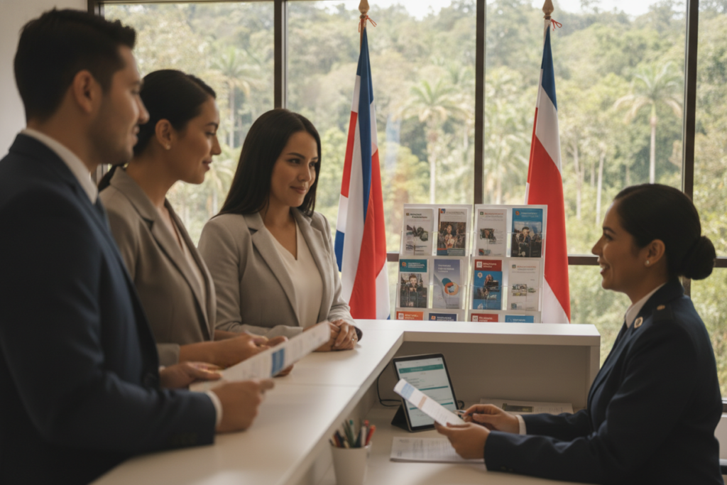 A professional setting depicting the Caja registration process in Costa Rica. In the foreground, showcase a diverse group of individuals dressed in professional business attire, engaged in a guided conversation with a friendly government official at a registration desk. The middle ground features a sleek, modern office space with Costa Rican flags and informative brochures about healthcare benefits. The background highlights a large window revealing a lush green landscape typical of Costa Rica, with natural sunlight illuminating the scene, creating a warm and welcoming atmosphere. Use a soft focus for depth, and capture the individuals' expressions of determination and hope as they navigate compliance and renewals for Caja. Photo taken with a 35mm lens to create intimacy and engagement.