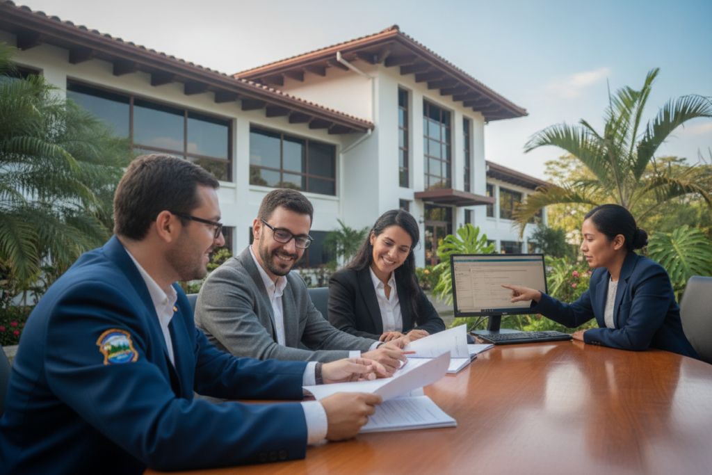 A professional setting depicting the integration of individuals into Costa Rican local systems and registration. In the foreground, a diverse group of people in business attire, including a Costa Rican official and expatriates, are engaging in a friendly discussion while reviewing documents related to residency requirements. The middle ground features a modern government building with Costa Rican architectural elements, framed by tropical greenery. In the background, a clear sky with soft, natural light to create an inviting atmosphere. The scene is captured with a gentle focus to highlight the warm interactions, emphasizing collaboration and compliance with local regulations.