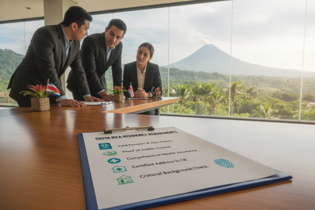 A professional setting illustrating the concept of residency requirements in Costa Rica. In the foreground, a checklist document with neatly organized bullet points and icons representing various required documents, such as a passport, proof of income, and health insurance. The middle ground features a diverse group of individuals dressed in professional business attire, actively discussing and reviewing the checklist together. They are seated at a modern office table adorned with Costa Rican flags and tropical plants. In the background, large windows reveal a vibrant Costa Rican landscape with lush greenery and an occasional volcano peak under natural sunlight, creating an atmosphere of hope and opportunity. The overall mood is informative and collaborative, reflecting the process of understanding residency in Costa Rica.