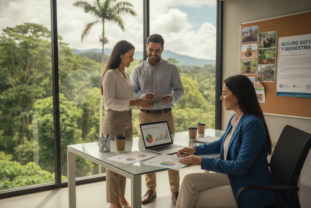 A professional setting illustrating the management of contributions and insurance in Costa Rica, featuring a modern office space with large windows letting in natural light. In the foreground, a business professional in smart casual attire is thoughtfully reviewing documents at a sleek desk filled with colorful charts and a laptop. The middle ground showcases a friendly interaction between two colleagues discussing a presentation on a digital tablet, with lush greenery visible through the window, reminiscent of Costa Rican landscapes. In the background, softly blurred, elements like a bulletin board with images of Costa Rican culture and welfare information can be seen. The atmosphere is collaborative and supportive, conveying a sense of community and professionalism, perfect for an article on navigating insurance setups.
