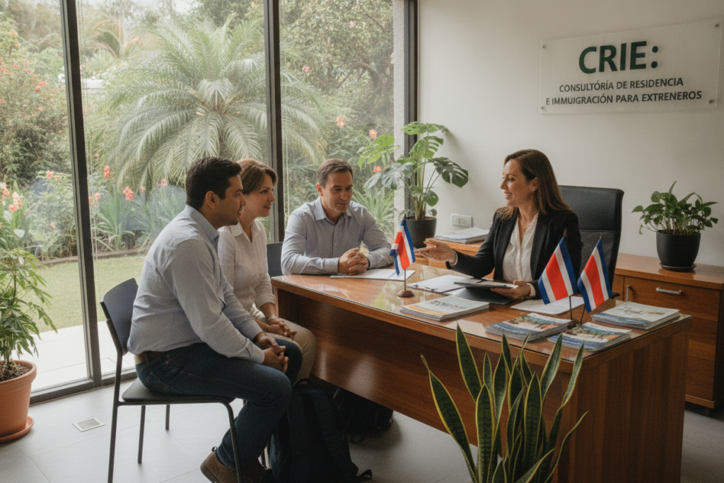 A professional setting in Costa Rica depicting a friendly, knowledgeable immigration consultant assisting a diverse group of individuals, including a middle-aged couple and a young adult, who are seeking residency support. The consultant is seated at a stylish wooden desk adorned with Costa Rican flags and pamphlets about residency services. Bright natural light filters through large windows, illuminating the modern office filled with tropical plants in the background. The atmosphere is welcoming and supportive, reflecting the essence of CRIE's services. The subjects are dressed in smart casual clothing, conveying professionalism without being overly formal. The image captures a sense of collaboration, hope, and guidance, with a focus on community and assistance in navigating immigration processes.