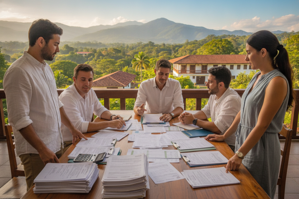 A professional setting in Costa Rica showcasing the financial and documentation challenges of residency. In the foreground, a diverse group of individuals in modest casual clothing, engaged in discussion, surrounded by paperwork and financial documents spread out on a table. The middle layer features a beautiful Costa Rican landscape with lush greenery and iconic architecture, symbolizing the local culture. In the background, soft natural lighting enhances the scene, capturing the warm tones of the environment. An inviting atmosphere reflects the optimism and determination of those navigating residency transitions, with mountains gently rising under a clear blue sky, creating a serene yet focused mood.